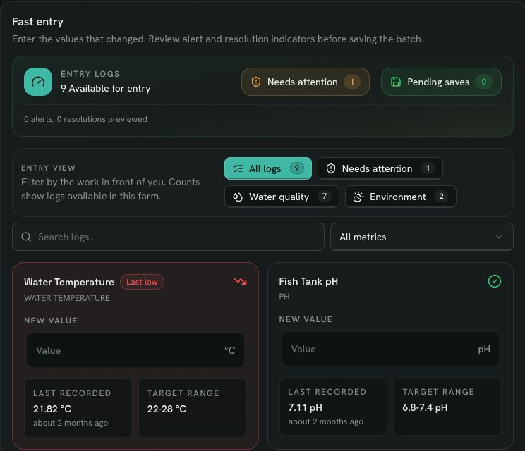 FarmHub demo records view showing entry fields with units, target ranges, and when readings were recorded.